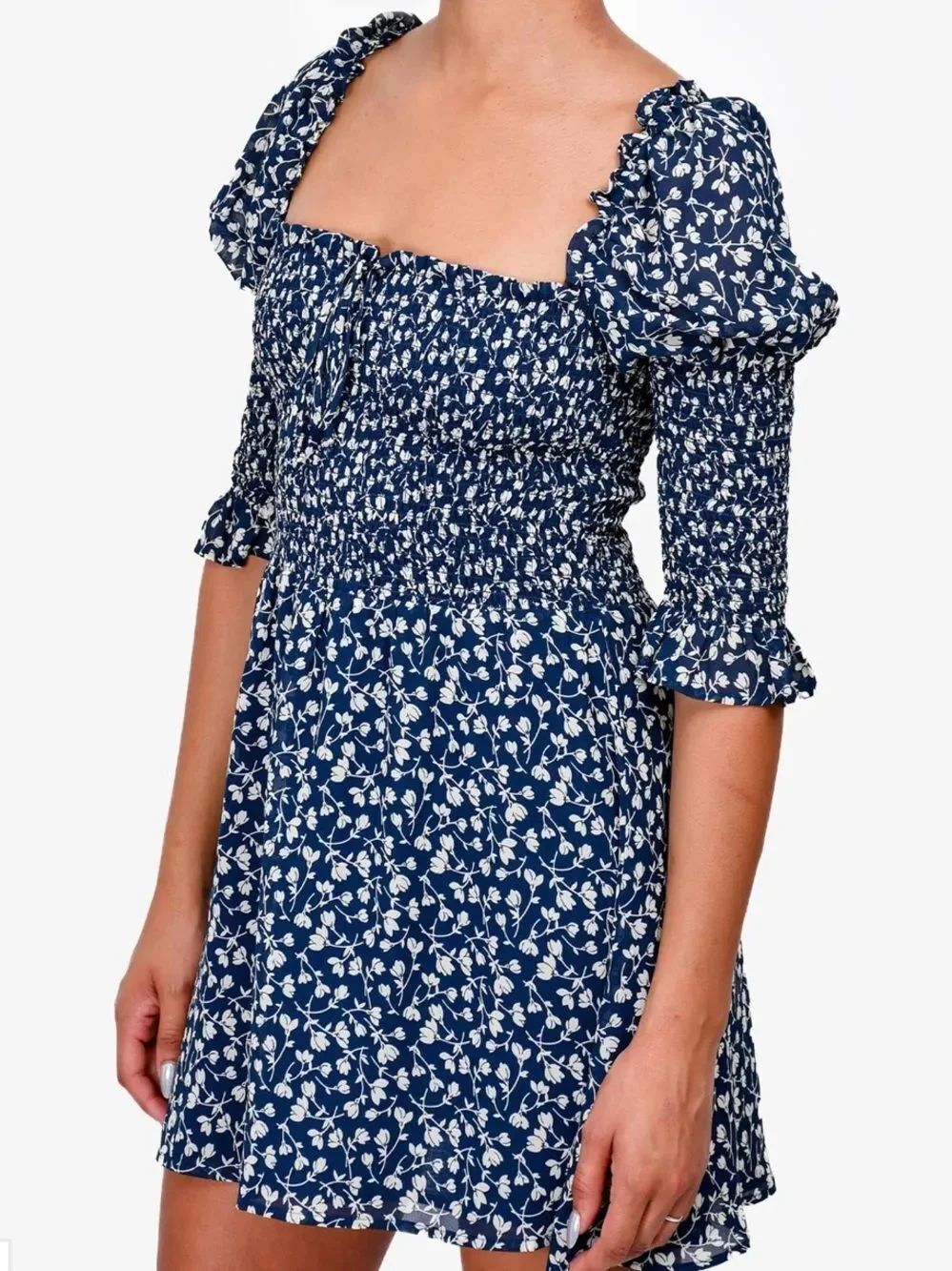 Reformation Loulou Mini Dress Elyse Navy White Floral Smocked S